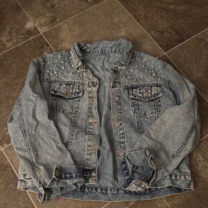 Pearl-Embellished Light Wash Denim Jacket